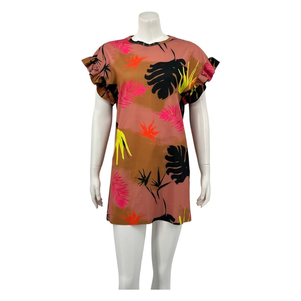 Zara Pink Brown Tropical Print Mini Dress with Neon Accents